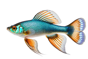 Happy guppy fish, full-body portrait, isolated on white background, high quality stock photo, crisp details, subtly capturing the iridescence of scales, gentle shadow beneath to suggest depth