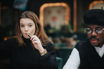 A thoughtful young woman holding a pen to her lips in a cafe setting, with a sharply-dressed man sitting across, partially blurred.