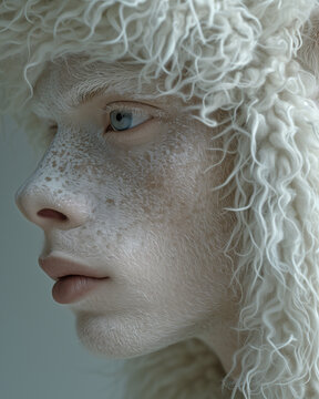 Portrait of an albino hairy man, blue eyed