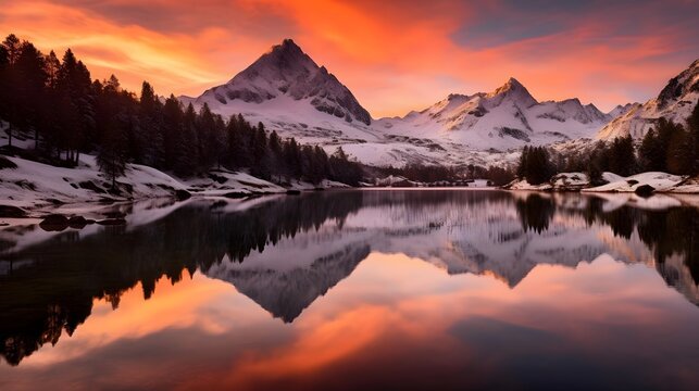 Panoramic image of snow capped mountains reflected in a calm lake