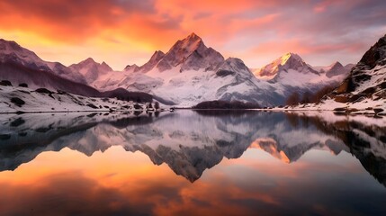Panoramic view of snow-capped mountains reflected in the lake
