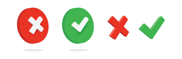 A green check mark, symbolizing approval or correctness, is positioned closely to a red cross, representing rejection or incorrectness. Both icons are rendered in a three-dimensional style as vector.