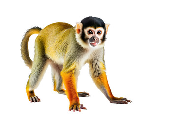 Squirrel monkey in full body, exuding happiness, isolated on white background, high-definition stock photograph, capturing every detail from the texture of its fur to the sparkle in its eyes