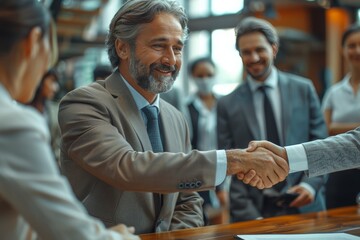 Two businessmen in suits shaking hands over signed contract in office