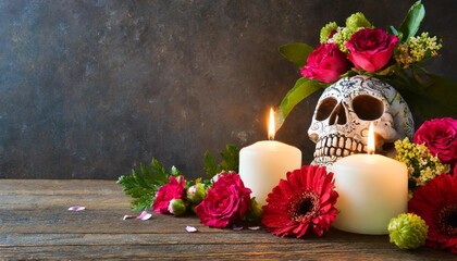 dark moody baroque background with skull flowers candles and ornaments for halloween day of the dead santa muerte and all souls day