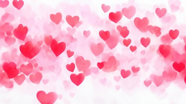 Red hearts in soft pastel colors floating against light background. Watercolor style. Romantic abstract backdrop. Concept of love, affection, valentine, tender feelings, greeting. Copy space. Motion