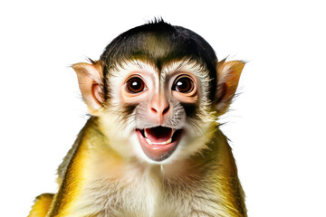 Squirrel monkey radiating joy, full-body portrait isolated against a pure white background, high-resolution stock photo, visual detail capturing every strand of fur, sparkling eyes
