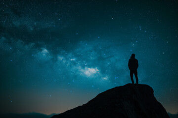 Fototapeta premium Solitary Observer Amidst the Milky Way: Embracing the Vastness of the Universe on a Mountain Peak