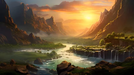 Selbstklebende Fototapeten Fantasy landscape with mountains and river. Digital painting. 3d illustration © Iman