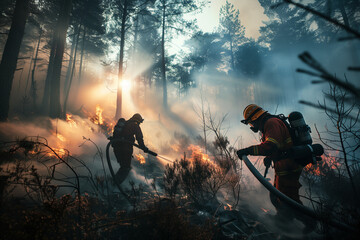 Firefighters extinguishing a fire in a forest, forest in danger by fire and heroes extinguishing the flames - obrazy, fototapety, plakaty