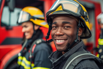 Group of interracial firefighters, African American male and female companion on an emergency fire truck