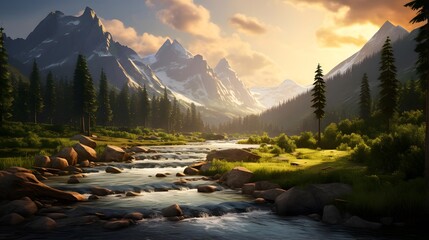 Panorama of a mountain river in the Canadian Rockies at sunset.