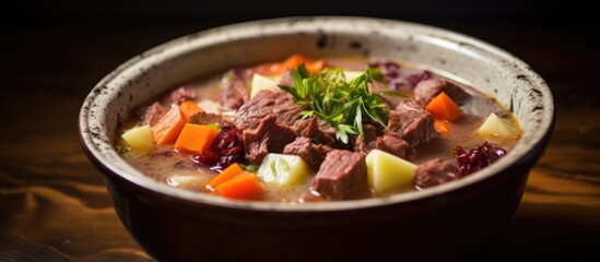 A bowl of Norwegian soup filled with chunks of salted beef, assorted vegetables, and fragrant spices, creating a wholesome and flavorful meal.