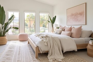 Coastal Bedroom Oasis: Desert Plant and Rug Accents, White Walls, Pastel Cushions