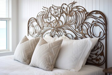 Coastal Bedroom: Wave Design Iron Headboard & Ornate Ironwork Structures
