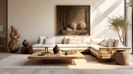 A stylish living room with sustainable furniture, earth tones, and natural elements