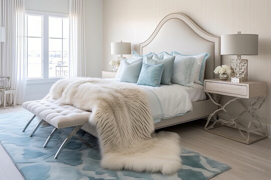 Coastal Bedroom Paradise: Wave-Patterned Tiles Headboard, Faux Fur Accents & Rugs