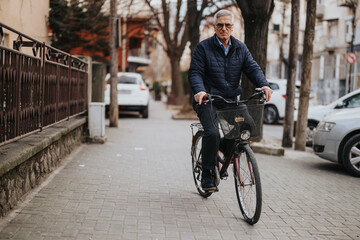 Senior man enjoying a bike ride in the urban setting on a sunny day.