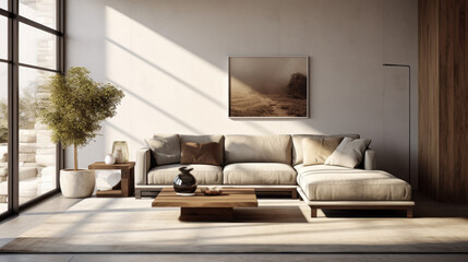A stylish living room with sustainable furniture, earth tones, and natural elements