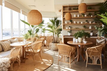 Desert Plant and Rug Coastal Cafe: Rattan Seating and Light Decor Harmony