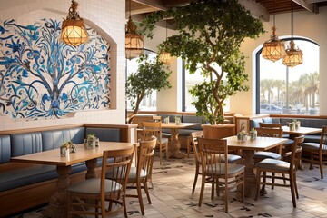 Fototapeta na wymiar Intricate Coastal Cafe: Tilework Designs, Twig Decor, Relaxed Seating