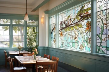 Vintage Glass Accents in Coastal Cafe Interior: Nautical Charm Display