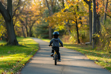 A child's first solo bike ride, captured from behind as they pedal confidently down a tree-lined path, symbolizing the freedom and empowerment that cycling brings