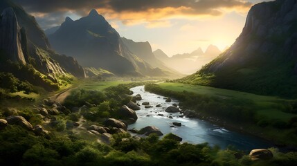Panoramic view of the mountains and the river at sunset.