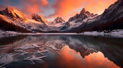 Mountains reflected in the lake at sunset, Canadian Rockies, Alberta, Canada - obrazy, fototapety, plakaty