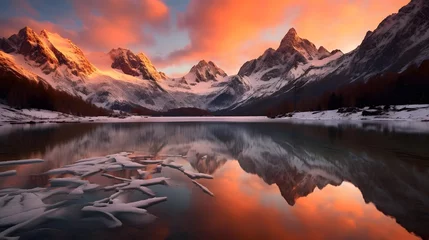 Fototapeten Mountains reflected in the lake at sunset, Canadian Rockies, Alberta, Canada © Iman