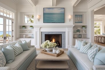 Nautical Retreat: Coastal Cottage Fireplace with Wave-Patterned Tiles