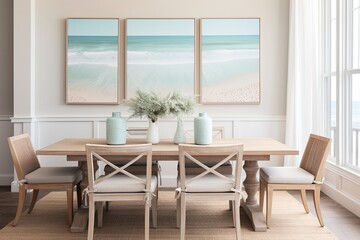 Fototapeta premium Coastal Cottage Dining Room Ideas: Beach-Inspired Artwork and Serene Colors in Light Woods