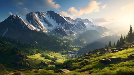 Mountain landscape panorama. Panoramic view of the valley in the mountains.