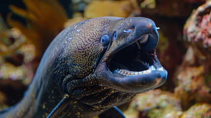 A moray eel with its mouth agape - obrazy, fototapety, plakaty