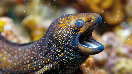A moray eel with its mouth agape - obrazy, fototapety, plakaty
