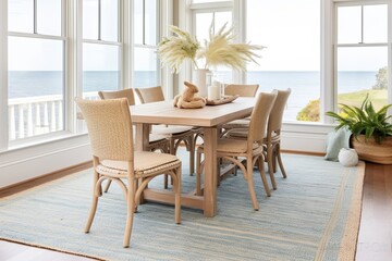 Fototapeta na wymiar Ocean-Inspired Coastal Cottage Dining Room Ideas Featuring Natural Fiber Rug and Casual Seating with Stunning Ocean Art