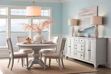 Soft Blue Coastal Cottage Dining Room Ideas: White Furniture and Beachy Accessories
