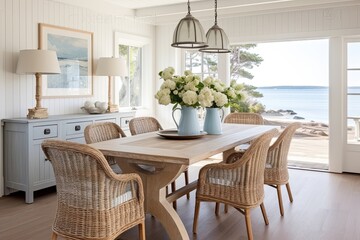 Beach House Chic: Coastal Cottage Dining Room Ideas with Wicker Chairs and Wooden Table
