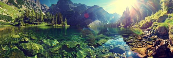 the bright sun and clear water in the beautiful mountains, generative AI