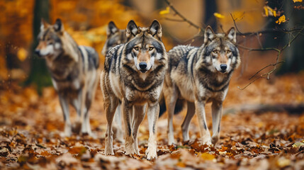 A pack of wolves in the autumn forest frontal