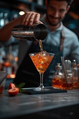 a handsome bartender pouring a cocktail from a shaker into a glass in a modern bar