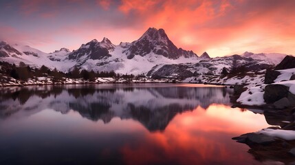 Beautiful panoramic landscape of snowy mountains reflected in water at sunset