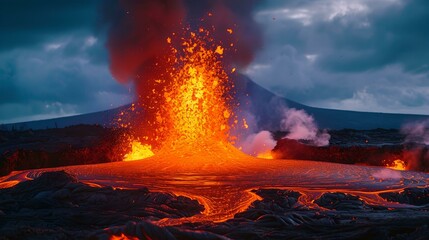 Intense Volcanic Eruption, molten lava, force of nature, intensity, power - obrazy, fototapety, plakaty