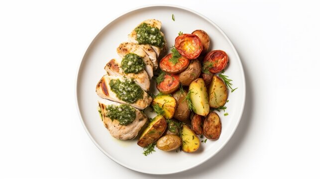 Plate of JW chicken, utilizing Green Circle organic chicken, served with roasted potatoes and salsa verde, arranged on a white round plate, displayed against a white background in an aerial view