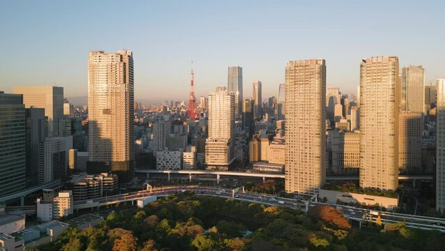 tokyo city downtown aerial view drone flying over park in the fall,modern buildings skyline at dawn,traffic on big highway street