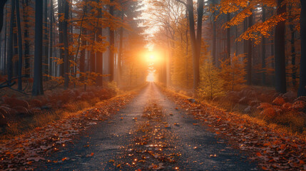 Forest Road Under Sunset Sunbeams. Lane Running Through The Autumn Deciduous Forest At Dawn Or...