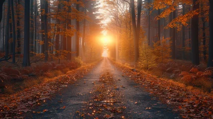 Papier Peint photo autocollant Rouge violet Forest Road Under Sunset Sunbeams. Lane Running Through The Autumn Deciduous Forest At Dawn Or Sunrise. Toned Instant Photo.