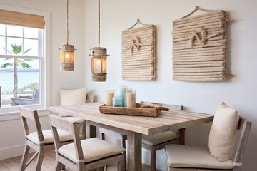 Coastal Dining Area: Reclaimed Material Art Displays with Nautical Rope Art and Pastel Walls