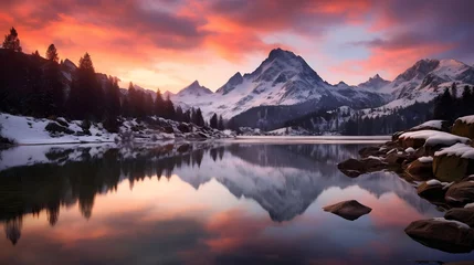 Wandaufkleber Panoramic view of snow-capped mountains and lake at sunrise © Iman