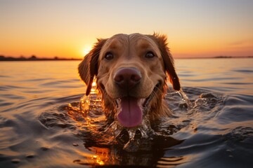 A Golden Retriever dog swims in a calm lake at sunset with a big smile. The setting sun casts a warm glow, capturing the beauty of summer and the joy of being outdoors.